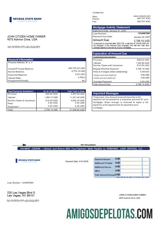 Extrato de hipoteca do USA Nevada State Bank em formatos Word e PDF modelo